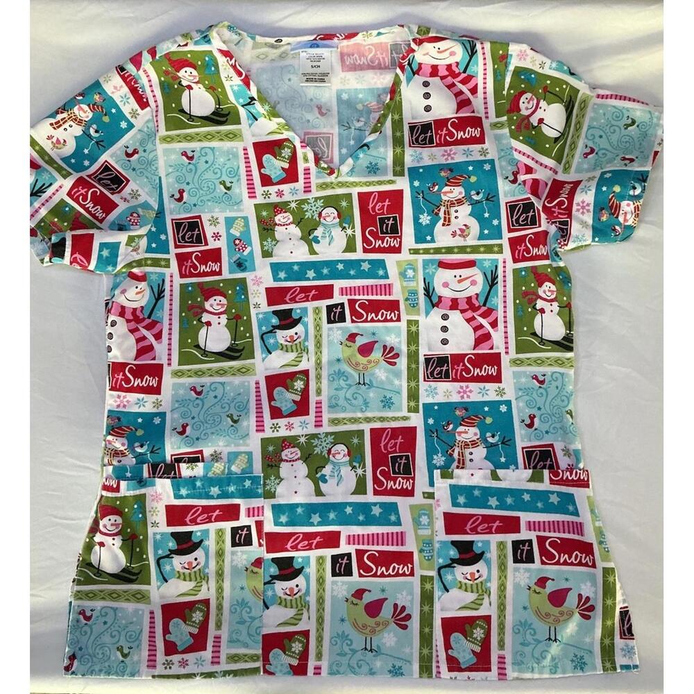 Scrubs Women's Scrub Top Small Blue Let It Snow Snowman V-Neck CHRISTMAS SCRUBS